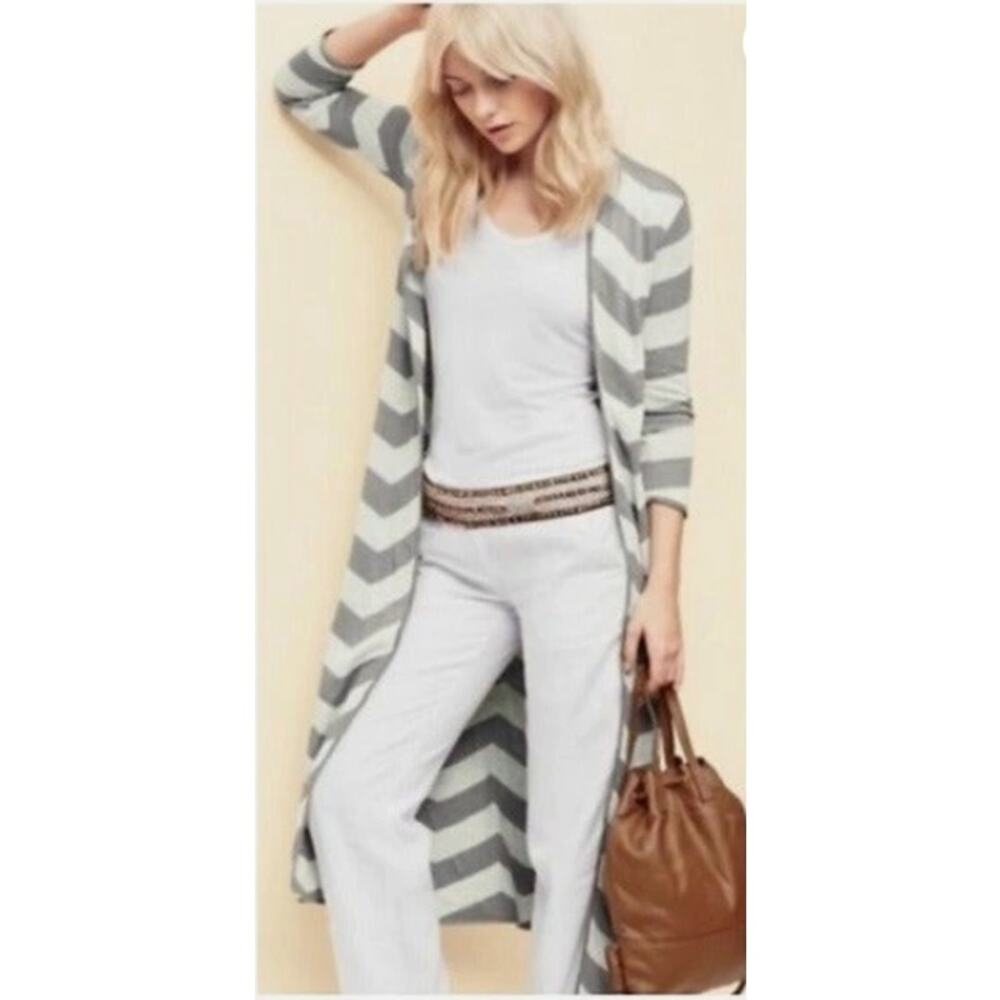 Garnet Hill Chevron Stripe Duster Cardigan‎ Taupe White Linen Open Front M